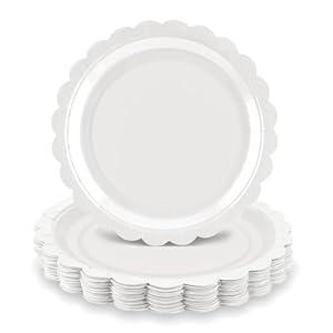 LRQSM 50 Pcs White Paper Plates 9 Inch Disposable Scalloped Dinner Plates White Dessert Plate Party Plate for Baby Shower, Wedding, Birthday