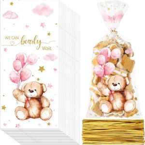 Maitys 100 Pieces Bear Baby Shower Treats Cellophane Bags Plastic Goodie Candy Bags with 100 Gold Twist Ties Gift Bags for Gender Reveal Birthday Party Favors(Pink, Cute Style)