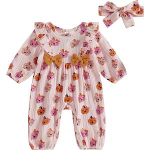 Halloween Baby Girl Outfit Infant Fall Clothes Long Sleeve Bubble Romper Pumpkin Bodysuit Jumpsuit with Headband (Pink)