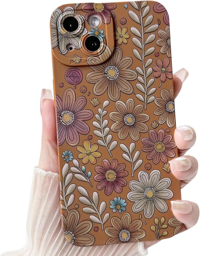 Compatible for iPhone 14 Plus Case Cute Color Flower Floral Leaf with Aesthetic Design for Girls Women Soft TPU Shockproof More Protective Girly for iPhone 14 Plus Case-Brown