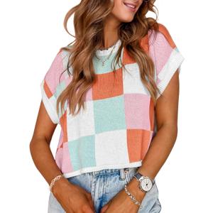 Womens Cute Summer Tops 2026 Short Cap Sleeve Sweater Color Block Trendy Crop Top Knit Vest Checkered Work Shirts Outfits (Medium)