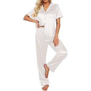 Ekouaer Silk Satin Pajamas Set Women Short Sleeve Sleepwear Soft Button Down Loungewear Pjs Set White X-Large