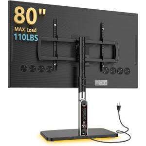 Universal TV Stand Tabletop TV Mount with Power Outlet for 50-90 Inch OLED LED Monitors, 9 Levels Height Adjustment, Ambient Lighting on The Bottom Holds up to 150lbs, Black 600x400mm