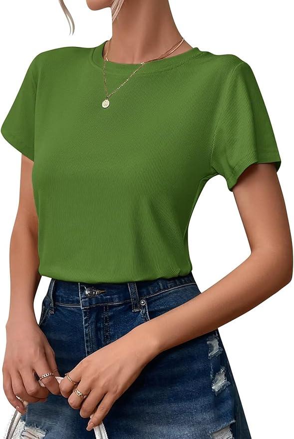 Ridshy Womens T Shirt Short Sleeve Slim Fitted Tshirt Ribbed Basic Tee Tops Summer Casual Fashion Clothes, Army Green S