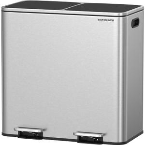 SONGMICS Trash Can, 2 x 10.6 Gallon (2 x 40 L) Garbage Can for Kitchen, with 15 Trash Bags, 2 Compartments, Plastic Inner Buckets and Hinged Lids, Airtight, Silver and Black ULTB730E80