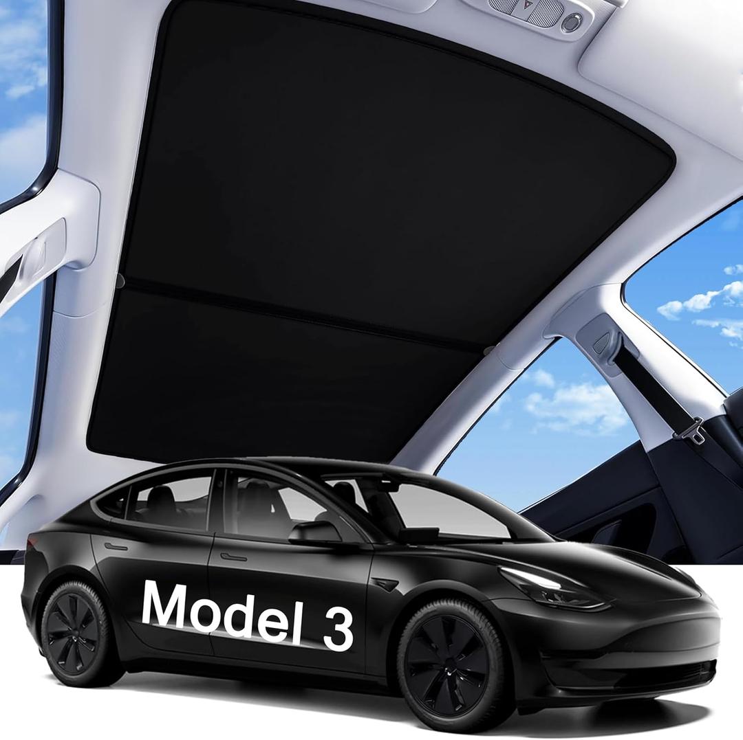LOWEEY 2026 Upgraded Tesla Model 3 Sunshade Roof, UPF200+ Roof Sunshade with Storage Bag, No-Sag & No-Gaps Heat Insulation Foldable Glass Roof Sun Shade, Tesla Model 3 Accessories MY20-23 Black