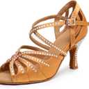 Ballroom Dance Shoes for Women Salsa Latin Dancing Shoes, Professional 3 Inch Ladies Satin Rhinestone Dance Heels, 3Mid Heel Suede Sole