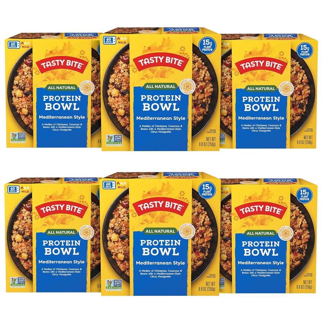 Tasty Bite Mediterranean Protein Bowl, 8.8 Ounce, Pack of 6, Ready to Eat, Microwaveable, Vegan, 14 Grams Plant Protein (EXP 06/30/27)