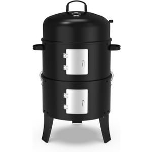 16" Charcoal Smoker, 3 in 1 Heavy Duty Vertical Barbecue Grill, Outdoor Fire Pit 402 Square Inches Cooking Area, Versatile Outdoor Smoker Grill, Black