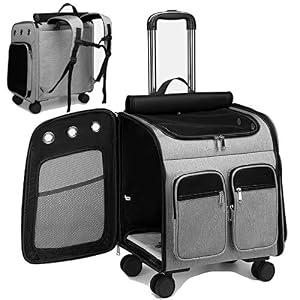 Wheeled Pet Carrier Backpack Pet Stroller, Travel Carrier, Car Seat for Small Dogs Cats Puppies, Comfort Cat Backpack Removable Rolling Wheels – Mesh Ventilation Windows (Large Grey)