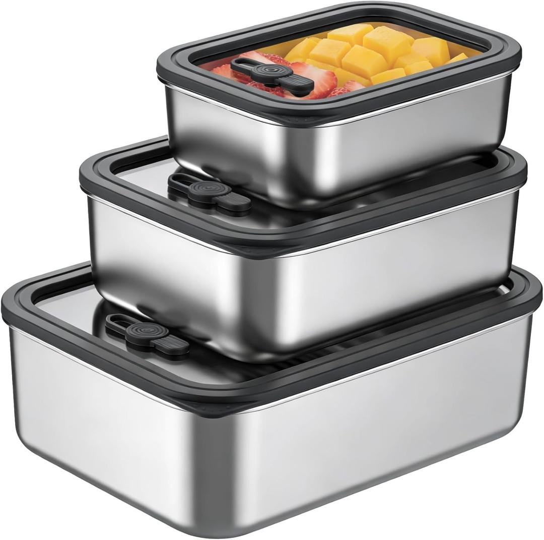 3Pcs Long-Lasting Stainless Steel Food Storage Containers with Glass Lids, 78 fl oz / 44 fl oz / 22 fl oz, Proven Airtight Leak Proof Versatile Meal Prep Bento Box for Picnics