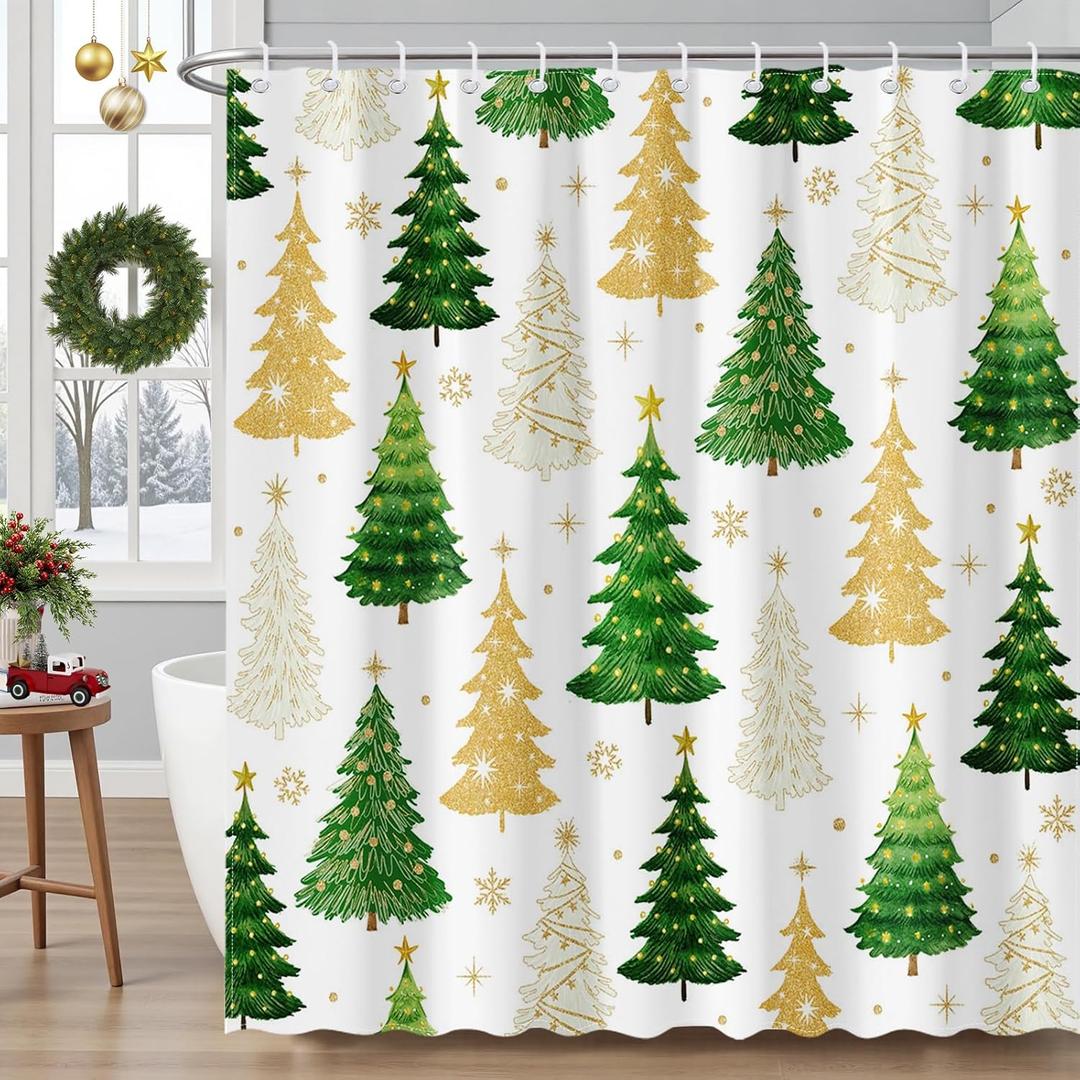 Mocsicka Christmas Shower Curtain Red Xmas Trees Christmas Snowflake Bathroom Shower Curtain Winter Waterproof Fabric Shower Curtains Bathtub Decor with 12 Hooks 72 X 72 Inches (White)