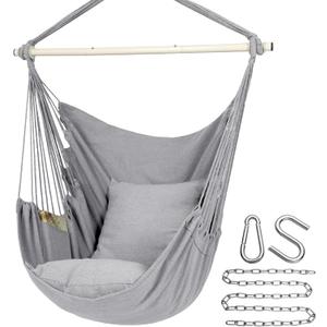 Y- Stop Hammock Chair Hanging Rope Swing Chair, Max 500 Lbs, 2 Seat Cushions Included, Removable Steel Spreader Bar with Anti-Slip Rings, Hardware kit-for Indoor or Outdoor(Light Grey)
