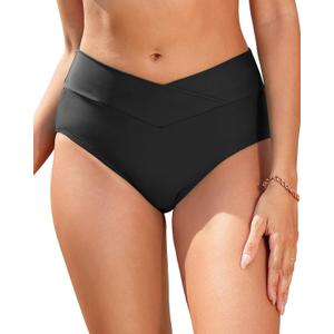 Women V Cut Full Coverage Bikini Bottom - High Waist Swim Bathing Suit Bottoms Cross V Front Swimsuit (Large, Black)
