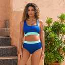 Maternity Two Piece Swimsuit High Waisted Strappy Bikini Set Bathing Suit (Blue, L)
