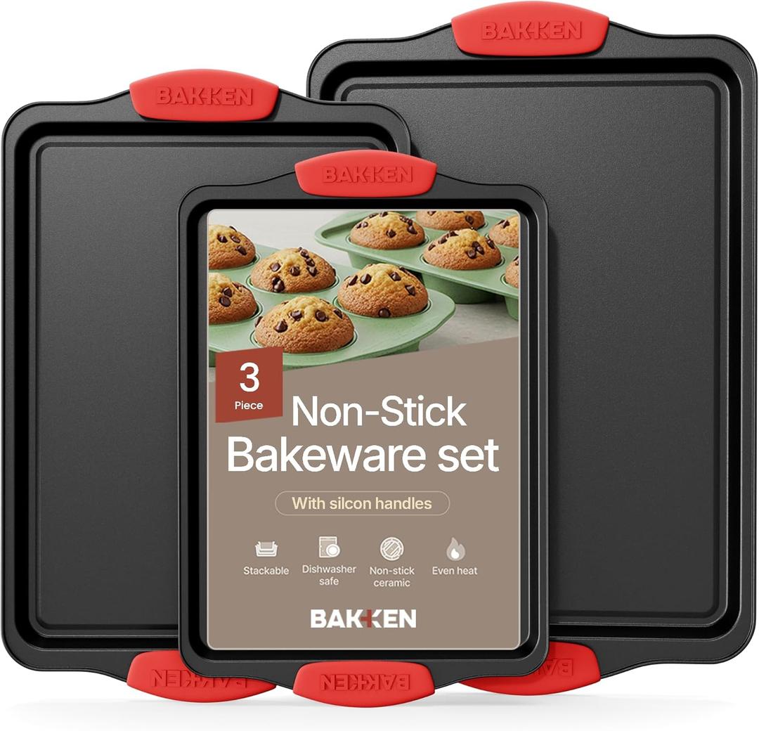 Baking Pan Set  3 Piece Cookie Sheet  Deluxe Black Non-Stick Carbon Steel  Silicone Handles  Commercial Grade Restaurant Quality  PFOA PFOS and PTFE Free by Bakken