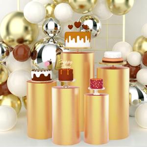 Babenest Gold Cylinder Pedestal Stand Covers Set of 5, Spandex Vintage Fitted Round Pedestal Covers, Elastic Cloth Pillar Plinth Cover for Birthday Wedding Party Reception Decoration(Without Stands)