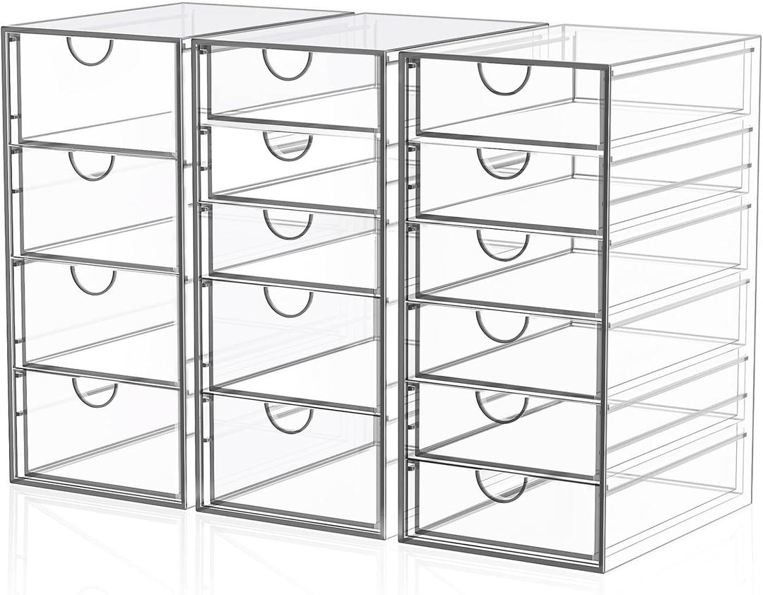 Acrylic 3 Pack Desk Organizers and Accessories, Makeup Organizer Storage With 15 Drawers, Desk Organizers, Dustproof Drawer Organizer and Storage for Make Up, Jewelry, DIY Pen