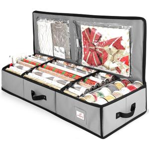 Hearth & Harbor Wrapping Paper Storage Container - Christmas Storage Bag with Interior Pockets - Gift Wrap Organizer Fits Up to 22 Rolls of 40" - Tear Proof, Silver (Medium)