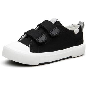 Toddler Low Top Canvas Sneakers Adjustable Straps Boys and Girls Slip on Shoes (Black)