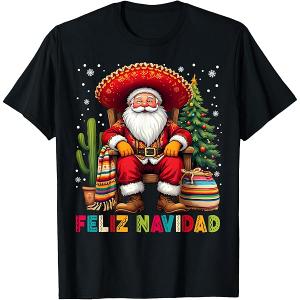 Feliz Navidad Cactus Christmas Mexican Santa Sombrero Fiesta T-Shirt S