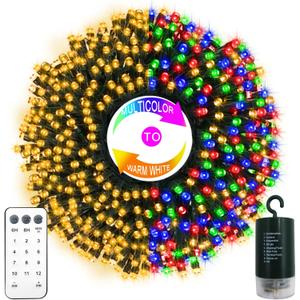 65.6Ft 200LED Battery Operated Christmas String Lights, 12 Lighting Modes Warm White & Multicolor Fairy Lights with Remote Timer, Green Wire Twinkle Light for Wreath Indoor Outdoor Party Wedding