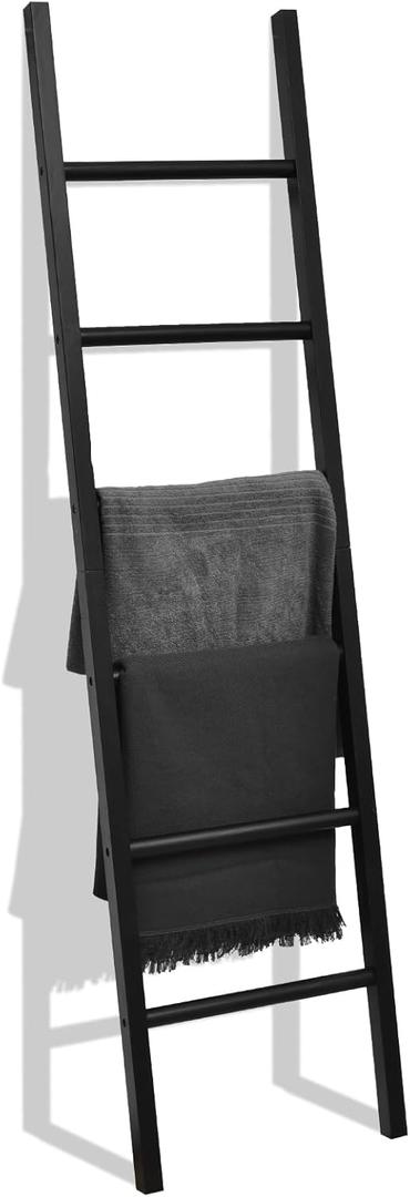 FUIN 6ft Wooden Black Blanket Ladder Living Room Decorative Wall Leaning Farmhouse Quilt Display Holder Rustic Wood Towel Rack for Bathroom