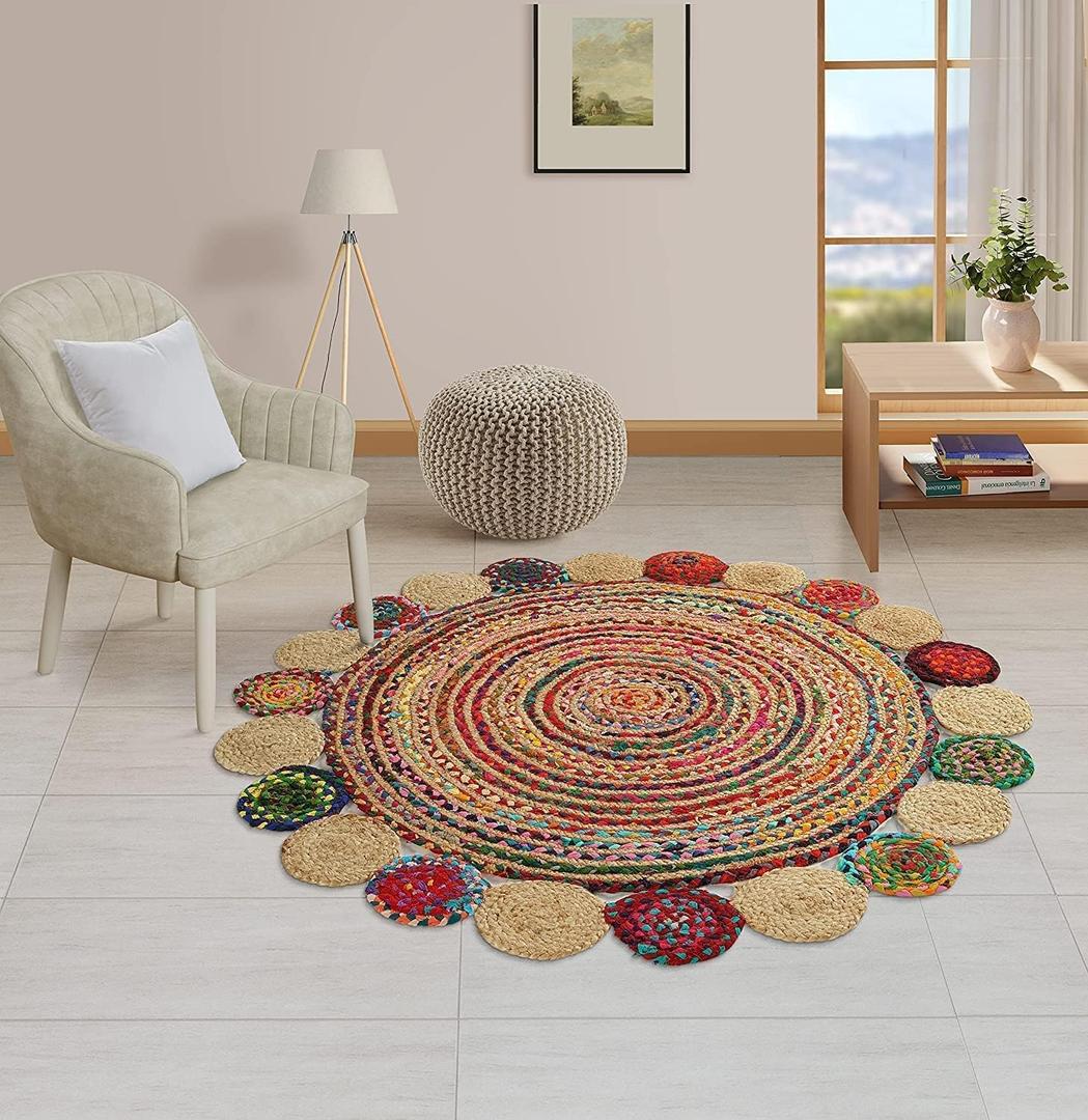 GRUHUM Round Jute Area Rug 7'ft Natural Handwoven Cotton Multi Chindi Boho Colorful Rustic Vintage Soft Braided Reversible Bohemian Rug- Indoor Outdoor Kitchen Bedroom Living Hallways 7'ft Circle