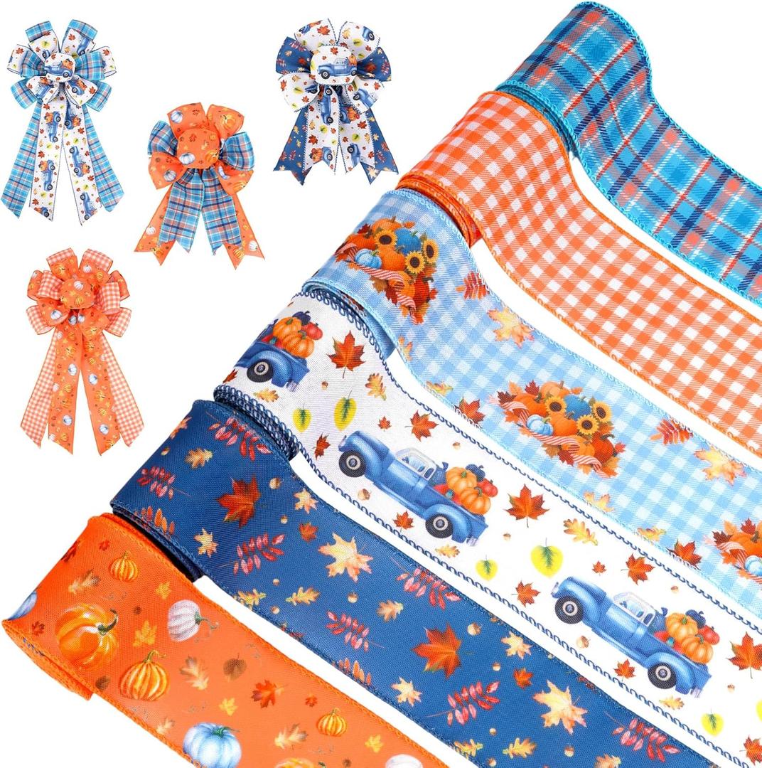 Fall Ribbon,6 Rolls Thanksgiving Day Pumpkin Maple Leaves Fabric Wired Ribbon,Orange White Blue Plaids Craft for Bow Wreath Floral Gift Box Wrapping,Thanksgiving Decor Gifts,30 Yards