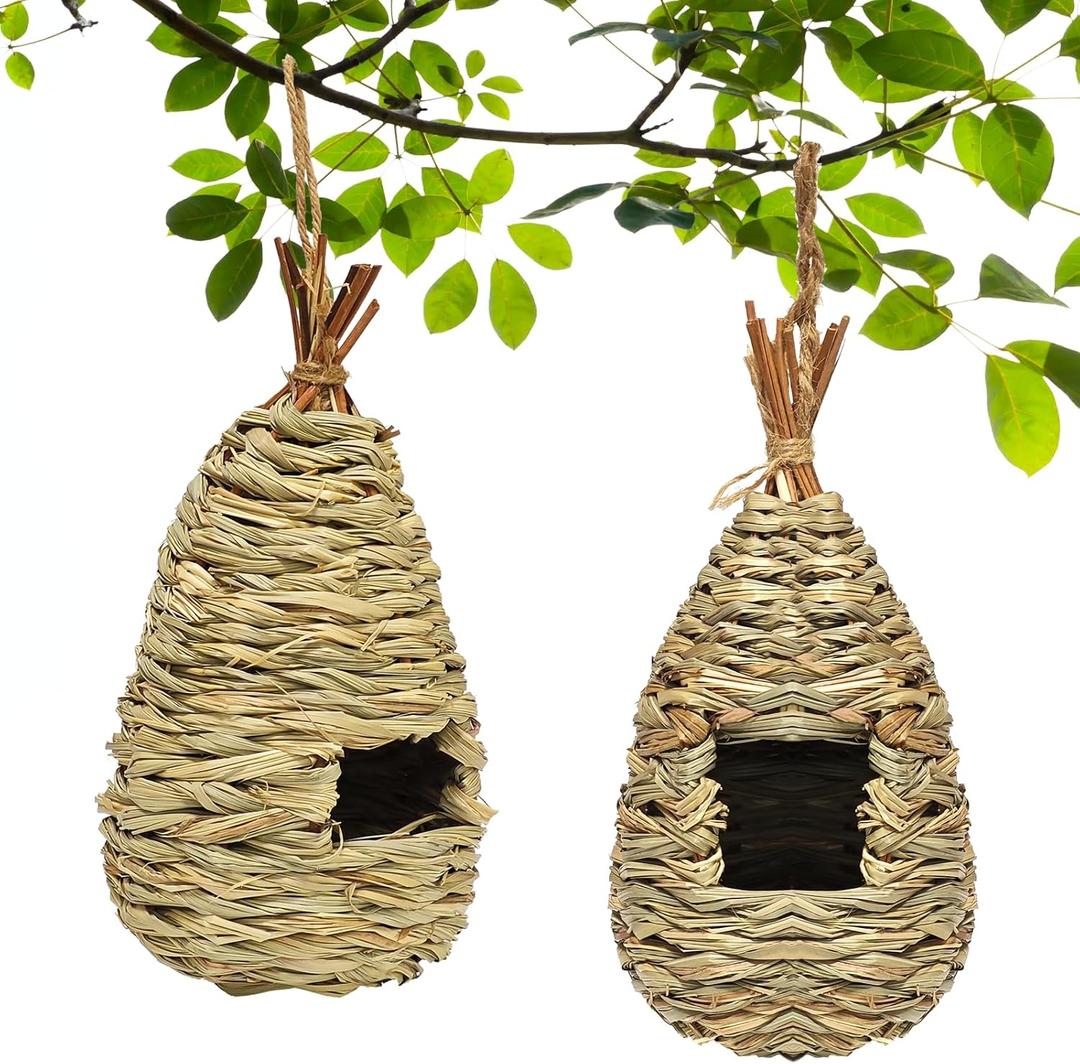 Gute Hummingbird Houses for Outside Hanging, Natural Grass Hanging Bird Hut, Hand Woven Hummingbird Nest, Large Wren Finch Bird House for Garden Window Outdoor Home Decoration, Set of 2