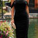 PRETTYGARDEN Summer Wedding Guest Dresses for Women 2026 Off the Shoulder Ruched Bodycon Spring Midi Cocktail Party Dress (Black, L)