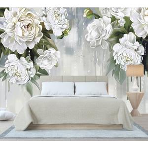 Vintage Floral Wallpaper Bedroom Hand-Painted White Peonies Flowers Wall Mural Children's Room (Not Peel and Stick) (106" x 70", Art Wall-63)