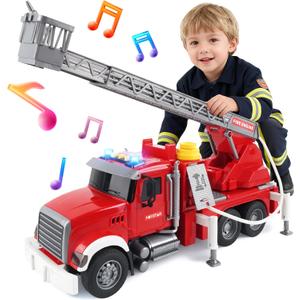 SMILESSKIDDO Fire Truck Toy - 1:12 Large Friction Powered Fire Rescue Truck with Water Pump, Extendable Ladder, Lights & Siren Sounds, Christmas Birthday Gift, Kids Toys for Age 3, 4, 5, 6, 7