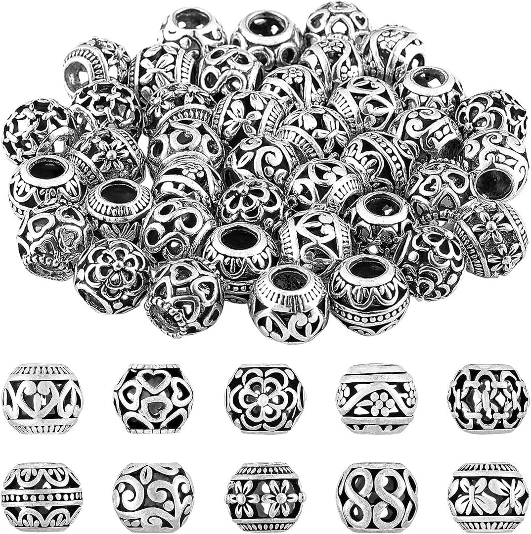 Hicarer 40 Pieces Silver Tone Spacer Loose Beads Hollow Filigree Tibetan Alloy Beads Spacer 10 mm Tiny Metal for Life Design DIY Jewelry Craft Making Necklace Bracelet Supplies