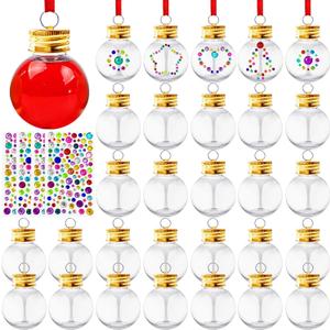 30 Pieces Clear Plastic Christmas Ornament Balls, Booze Balls, Fillable Tree Hanging Water Bottle Bulbs with Rhinestone Stickers for Wedding Party Holiday Decor