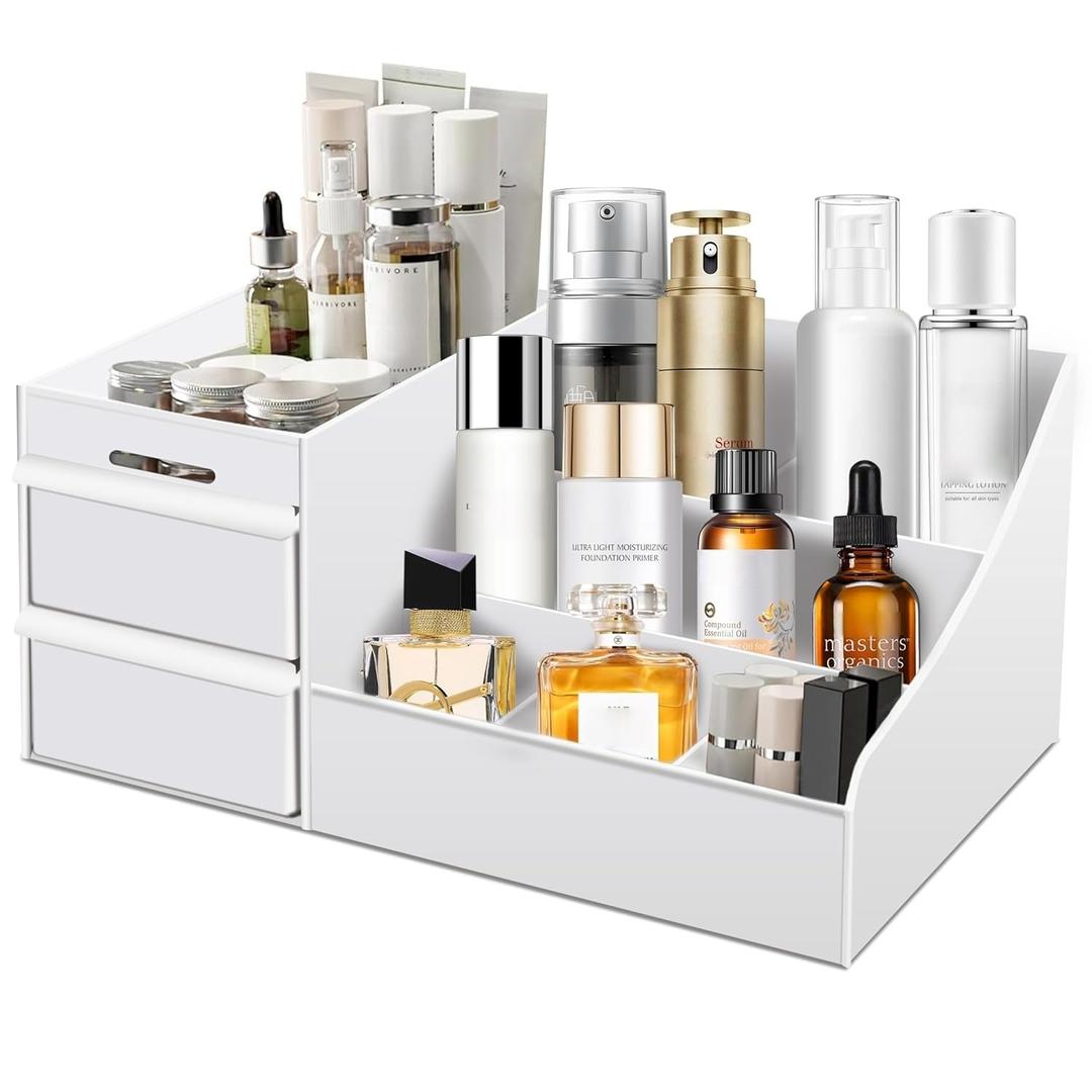 Large Makeup Organizer with Drawers - Multi-Functional Vanity and Countertop Storage for Cosmetics, Skincare, Perfume, Nail Polish, Brushes - Compact Desk and Bathroom Organizer for Womens Gifts (White)