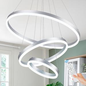 Modern LED Chandelier Silver Dimmable Pendant Lighting with Remote Control Circular Chandelier Flush Mount High Ceiling Light for Dining Room Entryway Foyer, 3000K-6500K(3-Rings D23.6in)
