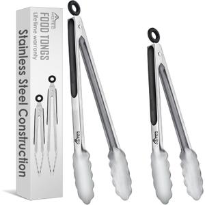Hotec Stainless Steel Kitchen Tongs, Set of 2-9" and 12", Locking Metal Food Tongs for Cooking, Serving, BBQ, Grill Non-Slip Grip