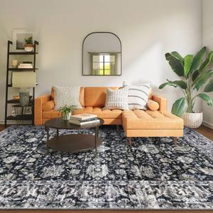 Area Rug 9x12 Living Room Bedroom Machine Washable Printed Vintage Floral Carpet Non-Slip Low Pile Distressed Boho for Laundry Dining Farmhouse, Charcoal Navy