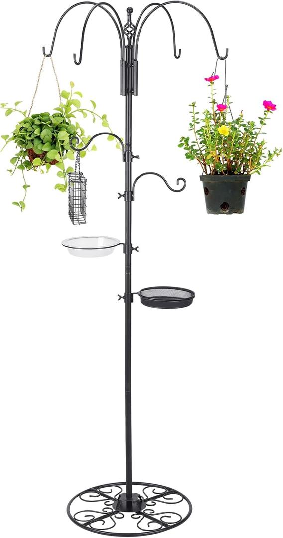 Adjustable Shepherd Hook Stand, 34"- 55" Black Iron Shepherd Hook with Base for Plant Hanging, Wind Chime & Bird Feeder - Outdoor Garden Porch Decoration(Elegant Style)