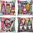 Preppy Retro Pink Christmas Pillow Covers 18x18 Set of 4, Kids Room Christmas Decor, Funny Xmas Tree Town Highland Cow Gnome Decorative Throw Pillow Covers Pillowcases for Home Kids Bedroom