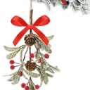 Giegxin 1 Piece Christmas Artificial Mistletoe Ornament with Red Bow Christmas Hanging Mistletoe Decoration Bouquet Floral Natural Pine Cones Holiday Decoration Ornament Bouquet (Stylish Style)