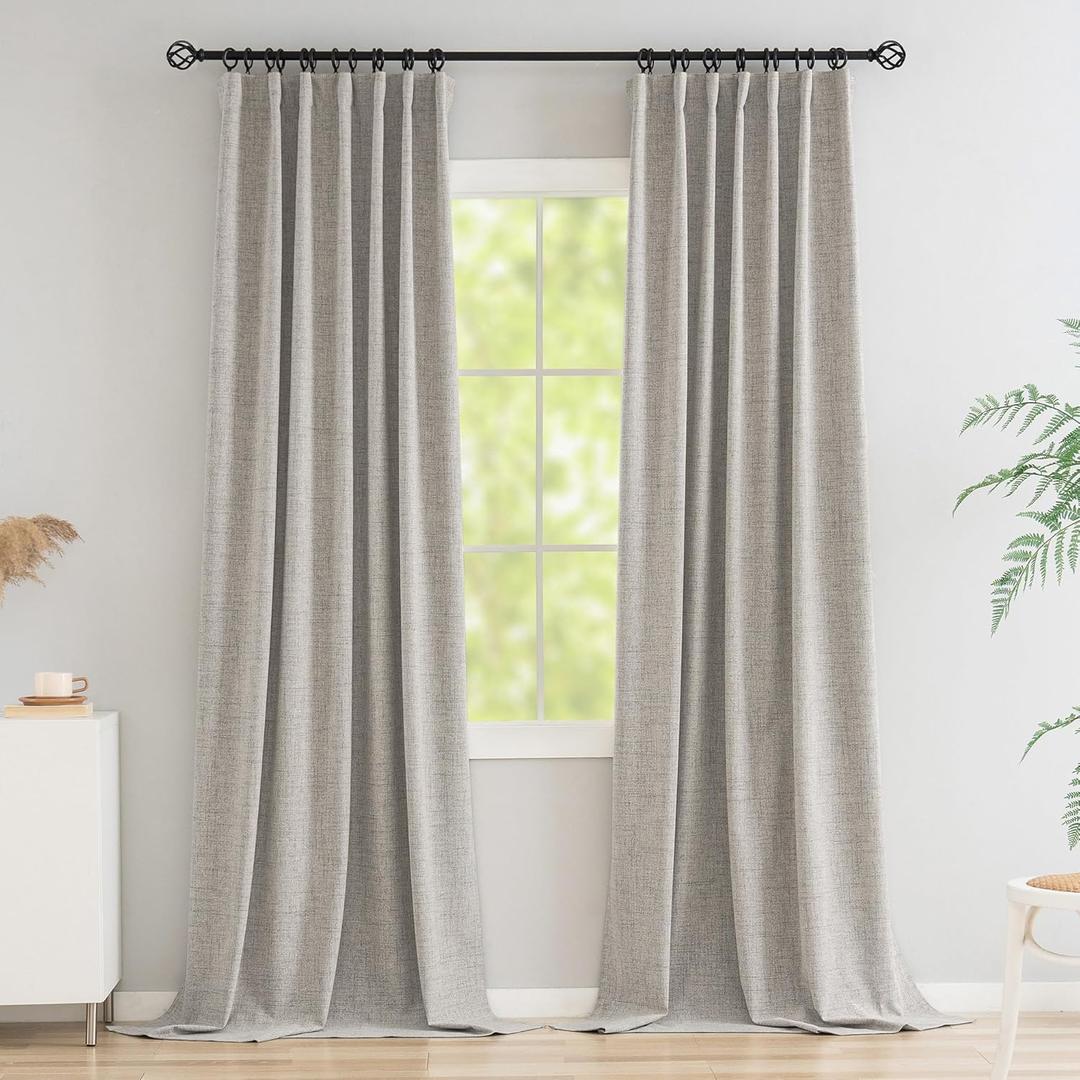 Novecozy 100% Blackout Curtains 96 Inches Long, Linen Thermal Insulated Curtains & Drapes for Bedroom/Living Room, Rod Pocket/Back Tab/Hook Belt/Ring Clips (2 Panels, W50 x L96, Greyish White)