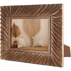 Hand Carved Mango Wood 5x7 Picture Frame with Real Glass  Brown Ridged Pattern Vintage Wood Frame for Tabletop or Wall Mount Use  Rustic Home Decor for Home & Memories