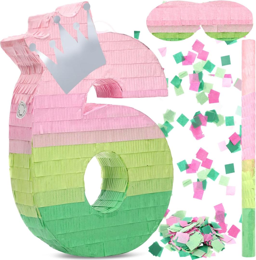 Arrowbash Number 6 Piñata Pink and Green Birthday Decorations Witch Themed Party Favor with Stick Blindfold and Confetti, Your Birth Day Gift for Kids Girls Boys, 15.9 x 11 x 2.7''