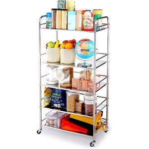 susunnus Stainless Steel Cart with Wheels 5 Tier,Stainless Steel Kitchen Cart,Stainless Steel Utility Cart,Metal Cart with Wheels,Suitable for Various Occasions,Movable,Gift Tools (5T)