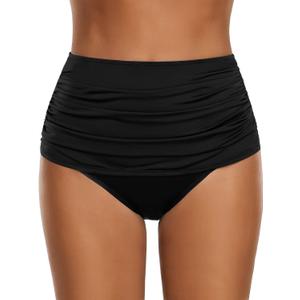 GRAPENT Women's High Waisted Swim Bottom Ruched Bikini Tankini Bottoms Tummy Control Swimsuit Briefs Black (Medium)