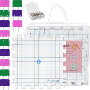Svartur Interlocking Blocking Mat for Knitting and Crochet Projects, 9 Pack Knitting Blocking Mats with Blocking Comb Pins, T-pins, Crochet Blocking Board, Knitting Mat with Grid Line, Storage Bag