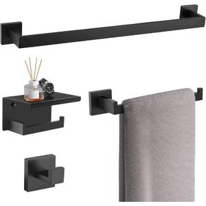TURS Bathroom Hardware Set Black 4-Piece Towel Bar Set Include 24 Inch Towel Bar Hand Towel Holder Towel Hook Toilet Paper Holder with Shelf Wall Mounted Stainless Steel Bathroom Accessories Set
