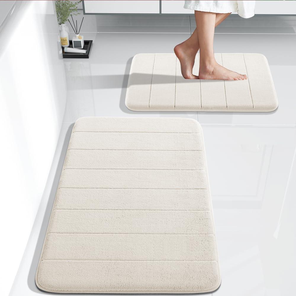 Yimobra Bathroom Rugs Sets 2 Piece, Soft Absorbent Memory Foam Bath Mats Set, Dry Fast Bath Mat, Machine Washable Bath Rug Set for Bathroom, 17x24+31.5x19.8 Inches, Cream White (31.5x19.8+24x17 Inch)